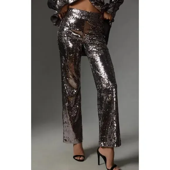 NWT Good American Gray Silver Sequin Wide-Leg Pants - Small - Picture 4 of 7